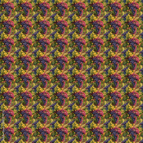 Grapes on vine seamless pattern fresh green and purple fruit wallpaper background photo