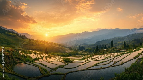 A panoramic view of the terraced rice fields of Yuanyang in China, bathed in golden light during sunset, Terraced rice fields scene photo