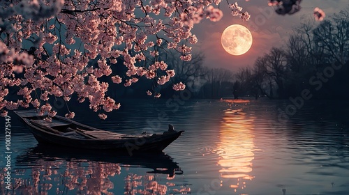 The moon is full, the cherry blossoms in front of it have just bloomed, and there's an ancient boat on the water. The water reflects the pink flowers