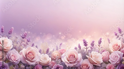 A delicate arrangement of pastel pink roses and lavender blossoms, bathed in a soft, ethereal glow, creating a romantic and dreamy atmosphere.
