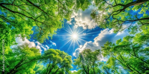 A vibrant summer sky bursts with sunlight, illuminating lush green foliage, casting a dappled shadow on the forest floor