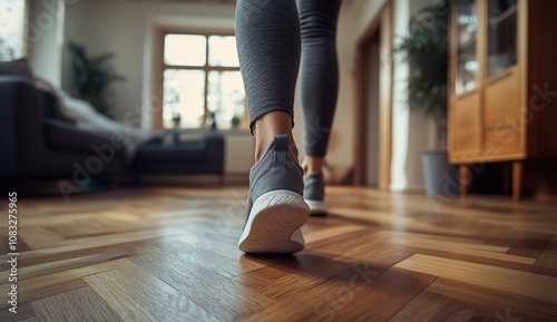 Woman's feet in sneakers walking on wooden floor