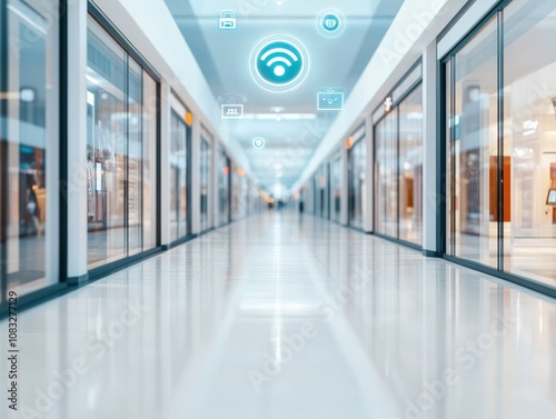 Modern shopping mall corridor with digital communication icons. photo