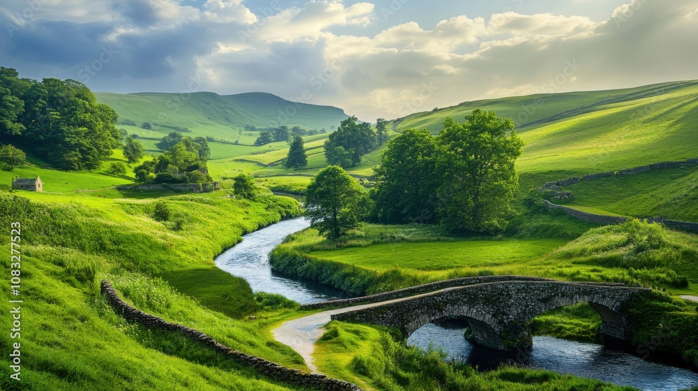 Obraz premium A picturesque view of a serene countryside landscape with rolling green hills, a winding river, and a small stone bridge