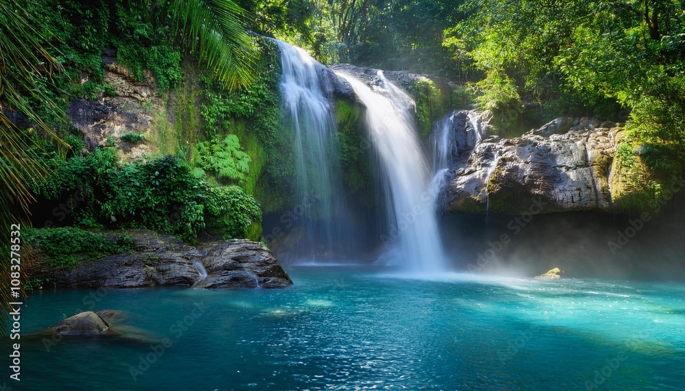 Obraz premium Tropical Waterfall Cascading Over Jagged Rocks Into a Crystal Clear Pool, Surrounded by Lush Green Jungle Foliage and Mist Rising Into the Warm Humid Air