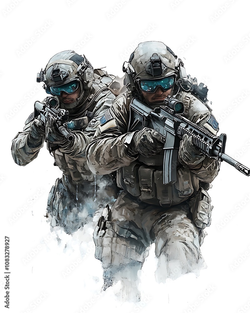 Fototapeta premium Two Soldiers in Tactical Gear with Rifles