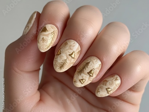 Elegant Festive Nail Art Design: Beige and Gold Christmas Nails. photo