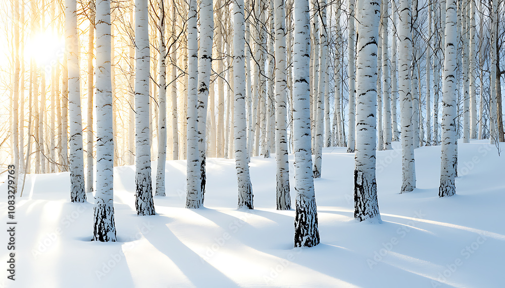 Naklejka premium Sunset illuminates winter forest snowy landscape nature photography tranquil environment serene viewpoint