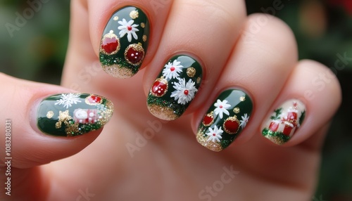 Festive Christmas Nail Art Design: Green, Red, White, and Gold Glitter. photo