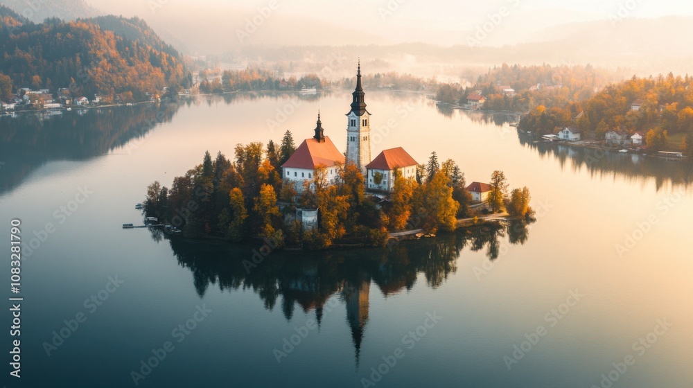 Obraz premium A serene aerial perspective of the autumn foliage reflecting on the tranquil waters of Lake Bled, Slovenia, with the iconic church on Bled Island under the soft light of sunrise