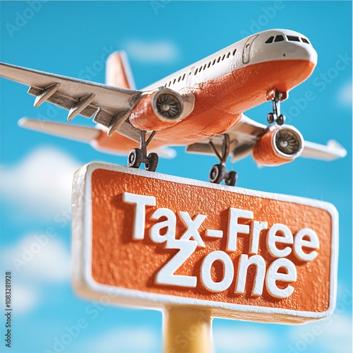 Tax free concept.A miniature airplane hovers above a vibrant 