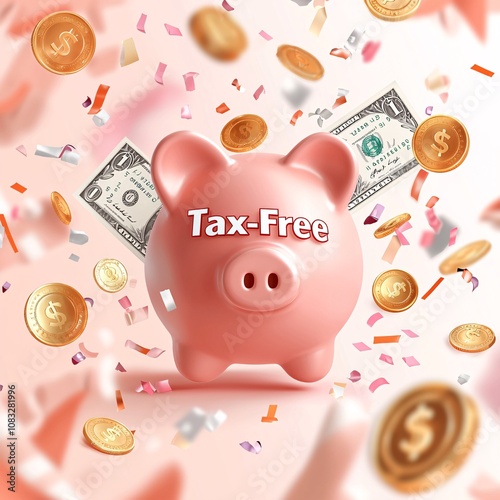 Tax free concept.A pink piggy bank surrounded by coins and dollar bills conveys a festive theme of tax-free savings. photo