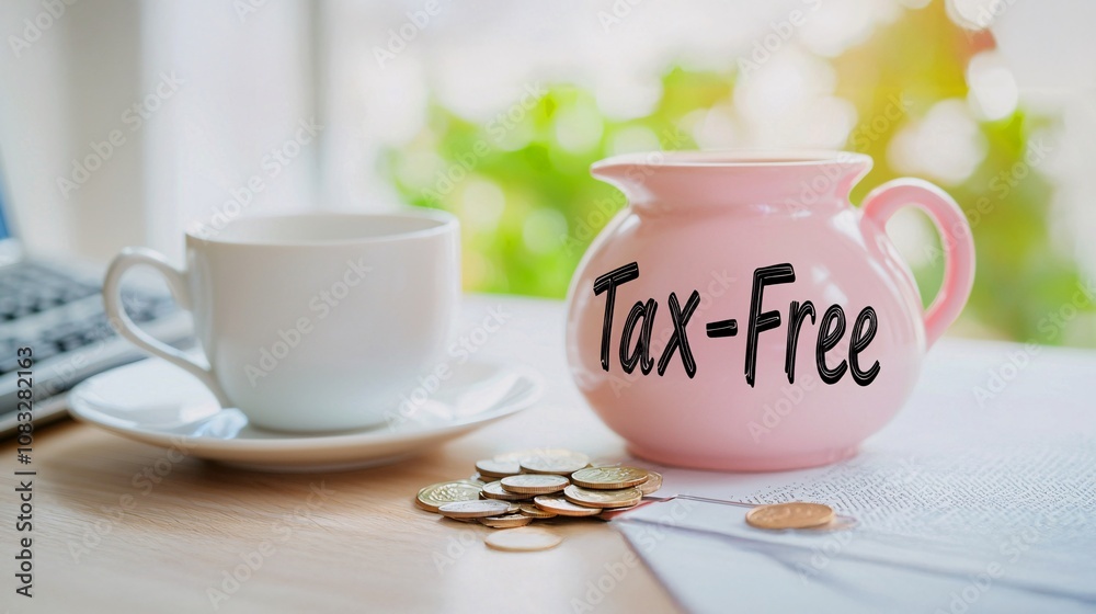 Fototapeta premium Tax free concept.A pink piggy bank labeled 