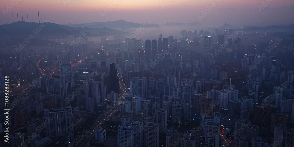 Fototapeta premium A foggy city is illuminated by vibrant lights creating a mesmerizing scene