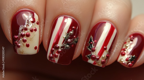 Elegant Christmas Nail Art Design: Red and White Candy Cane Stripes with Holly Berries and Gold Accents. photo