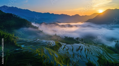 A serene aerial perspective of the rice terraces of Yuanyang, China, with terraced fields cascading down mist-covered mountains at sunrise photo