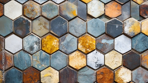 A Wall of Distressed Hexagon Tiles in Various Colors photo