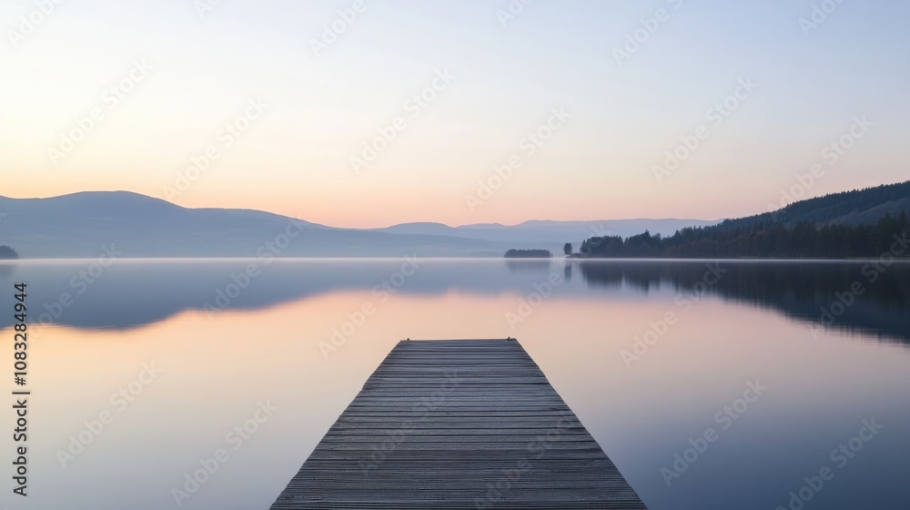 Obraz premium A serene view of a calm lake at dusk, with a small wooden pier extending into the water and distant mountains reflecting on the glassy surface, Lakeside dusk scene