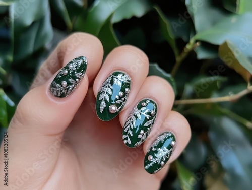 Elegant Green and Silver Nail Art Design. photo