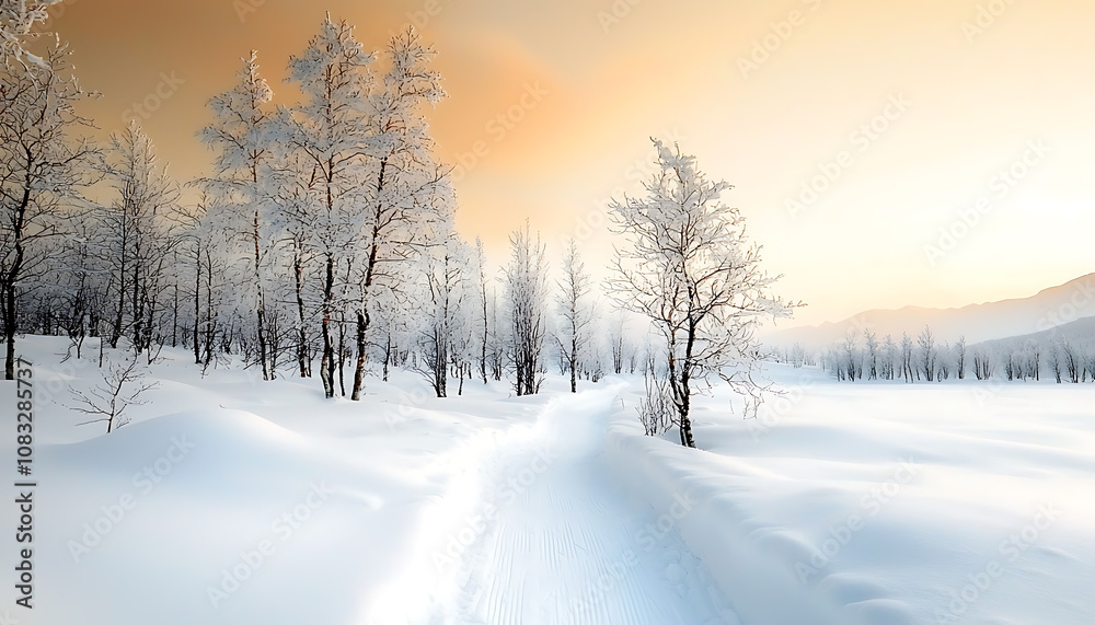 Obraz premium Winter sunset in forest nature landscape snowy pathway tranquil environment scenic viewpoint