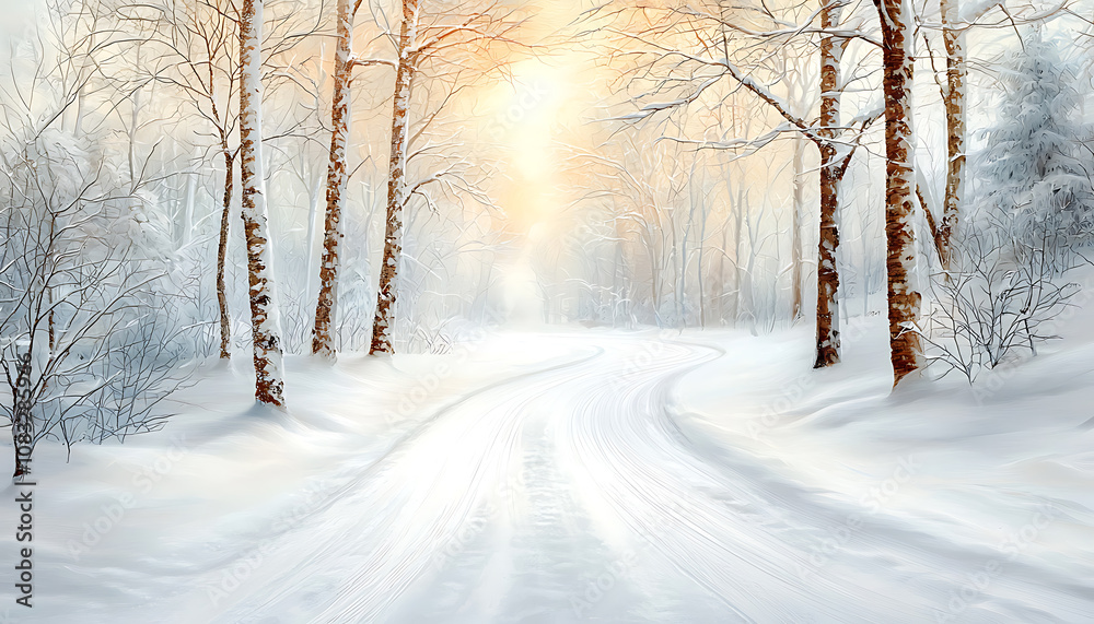 Obraz premium Winter sunset scene snowy forest nature photography tranquil environment serene viewpoint peaceful concept