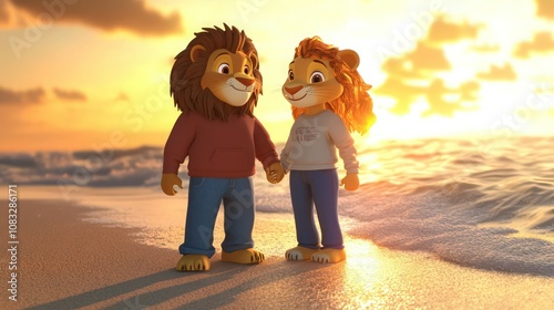 A cartoon lion and lioness, 3D-rendered, standing hand-in-hand on a beach with the ocean at sunset, both in casual jeans and sweatshirts, as the golden light  photo