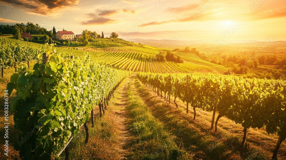 Fototapeta premium A serene view of a tranquil countryside vineyard with rows of grapevines stretching towards a distant farmhouse under a golden sunset, Countryside vineyard scene, Picturesque style