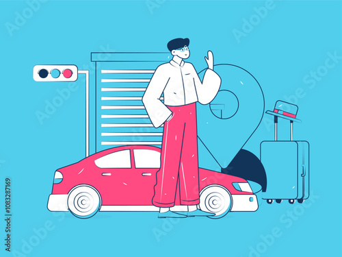 Flat vector concept operation hand drawn illustration of people taking a taxi
