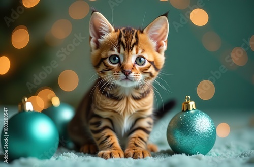 Bengal kitten with teal Christmas ornaments, golden bokeh background. Festive mood.