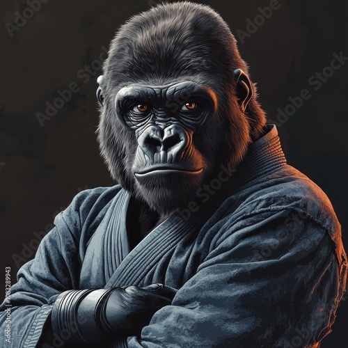 A serious gorilla wearing a black karate uniform stands with arms crossed. photo