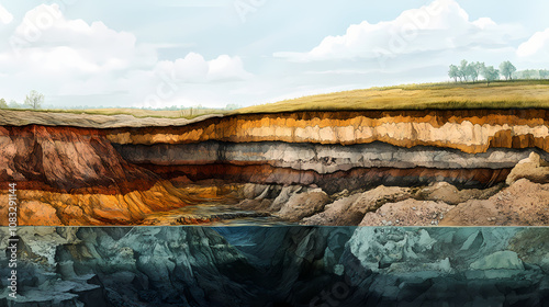 The stratification of soil aquifers and underground water tables is illustrated in a geological cross-section. Subterranean. Illustration photo