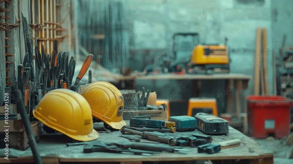 Fototapeta premium Construction Site Tools and Hard Hats