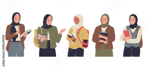 Flat design of hijab college student.  Illustration for websites, landing pages, mobile applications, posters and banners. Trendy flat vector illustration