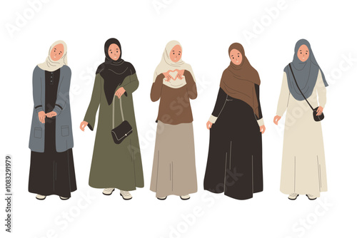 Vector set of muslim girl wearing hijab . Female muslim hijab dress collection. Flat vector illustration isolated on white background