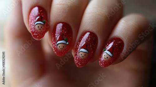 Festive Christmas Nail Art: Red Glitter with Elf Designs. photo