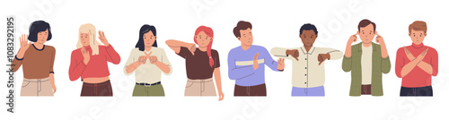 Vector set of people with negative emotions and gestures of stop, rejection, denial. Illustration for websites, landing pages, mobile applications, posters and banners. Trendy flat vector illustration