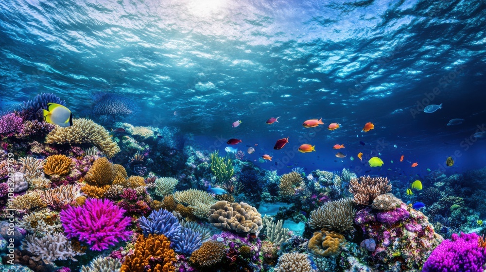 Naklejka premium A surreal image of a coral reef teeming with colorful fish and marine life under sparkling turquoise waters, Coral reef scene, Surreal style