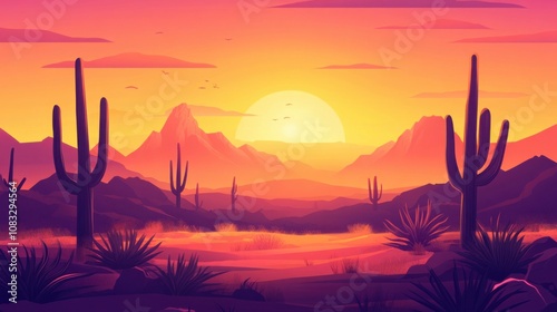 Sunset view of an Arizona desert landscape with cacti and warm tones