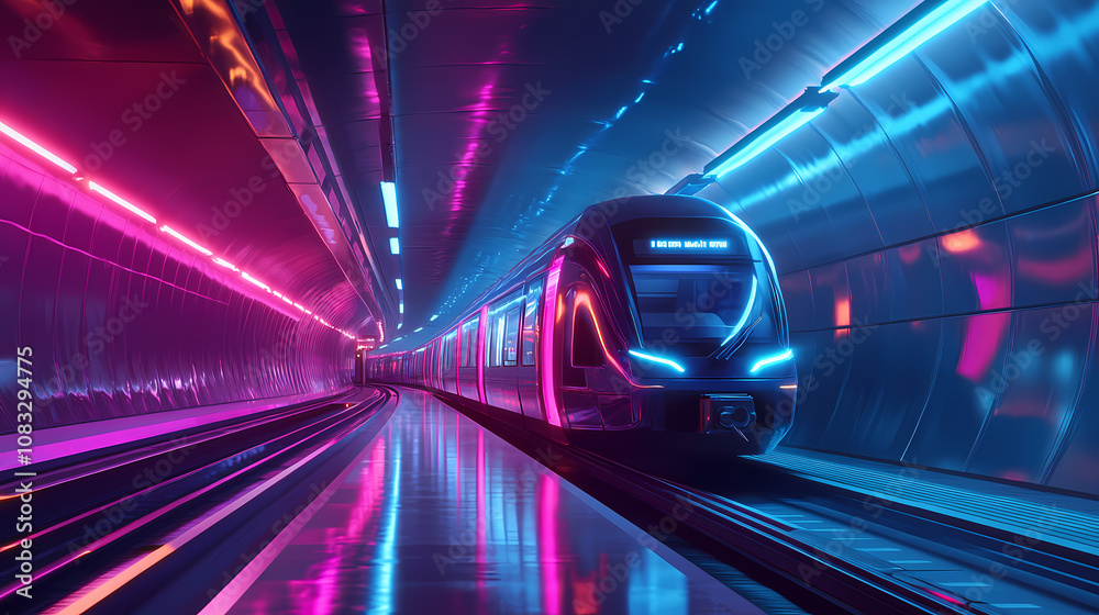 Fototapeta premium Futuristic train and bus in neon-lit underground station. Subterranean. Illustration