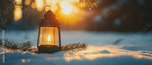 A vintage lantern glowing in the soft light of sunset, casting warm illumination on the snow-covered ground and pine branches, ideal for winter-themed greeting cards, holiday promotions photo