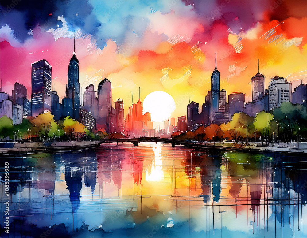 Obraz premium A vibrant cityscape at sunset, with skyscrapers reflecting in a river