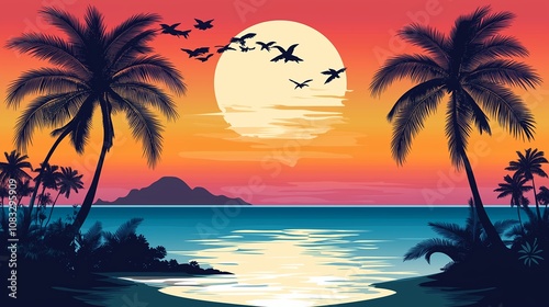 南国の夕方と夕日