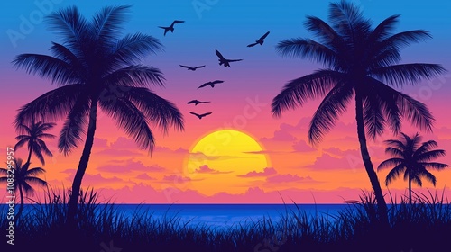 南国の夕方と夕日