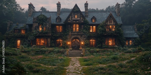 A grand, gothic-style mansion with stone facade and ivy, nestled amongst lush greenery. Warm light glows from the windows.
