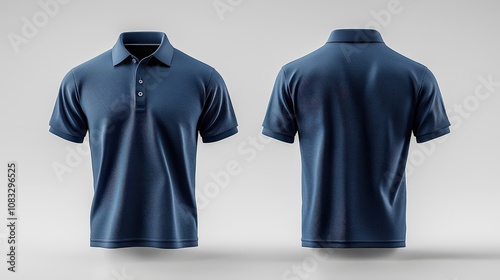 3D blank indigo polo shirt, displayed with crewneck in front and back views on a light background, ideal for custom branding and logo mockups