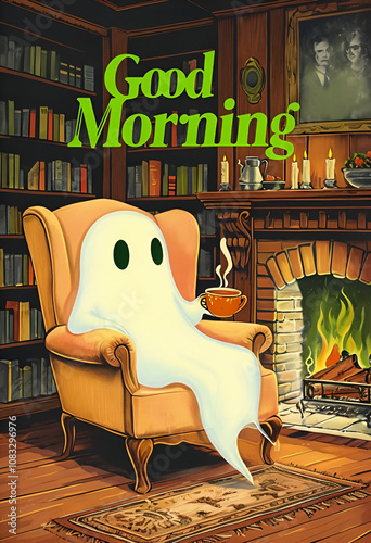 ,Arafed ghost taking tea while sitting on a stump.