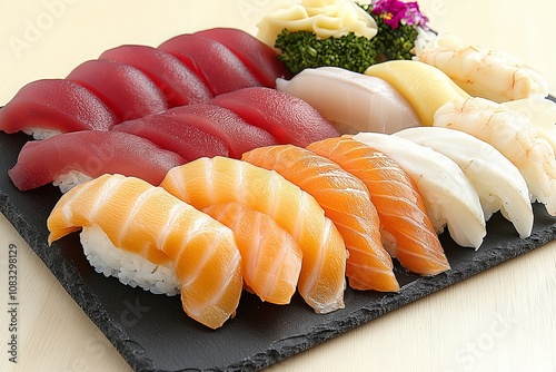 Sushi platter featuring assorted sashimi cuts including tuna salmon and shrimp styled on a black slate board for an elegant and traditional Japanese meal photo