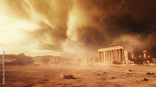 A surreal perspective of a massive sandstorm engulfing the ruins of Palmyra in the Syrian Desert, Palmyra sandstorm scene, Surreal style