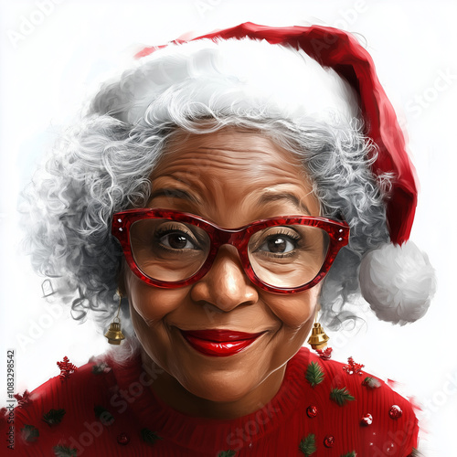 Festive African American Mrs. Claus with Red Glasses - Cheerful Holiday Portrait

