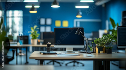 Modern office workspace with plants and computer during working hours in a creative environment